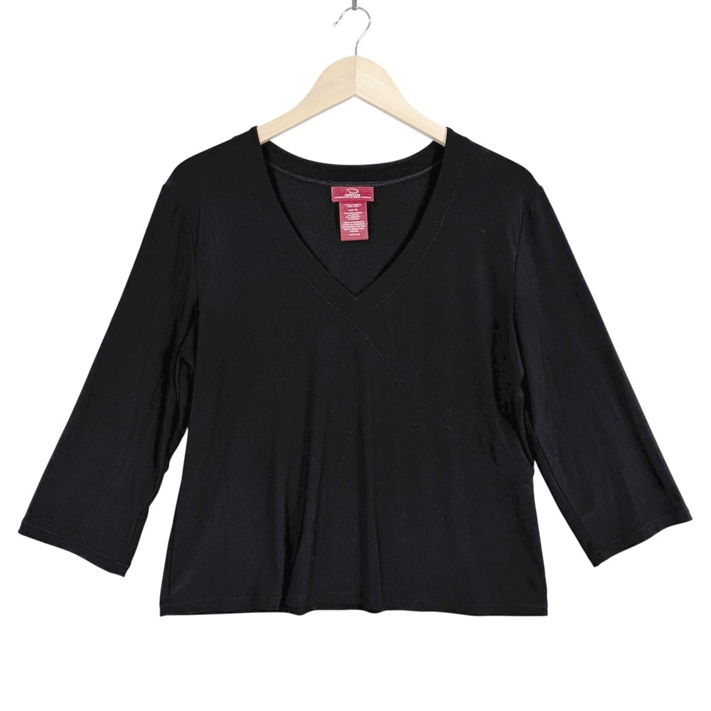 Oscar de la Renta 90s V-Neck Top Women‎ XL Black Crossover 3/4 Sleeve H405 3228